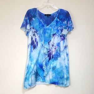 B.L.E.U. Blue Purple Floral Ruffle Front Flutter Sleeve Broadcloth & Jersey Top